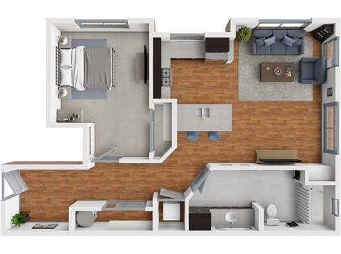 A 3D floor plan of a house with a kitchen, living room, and bathroom.